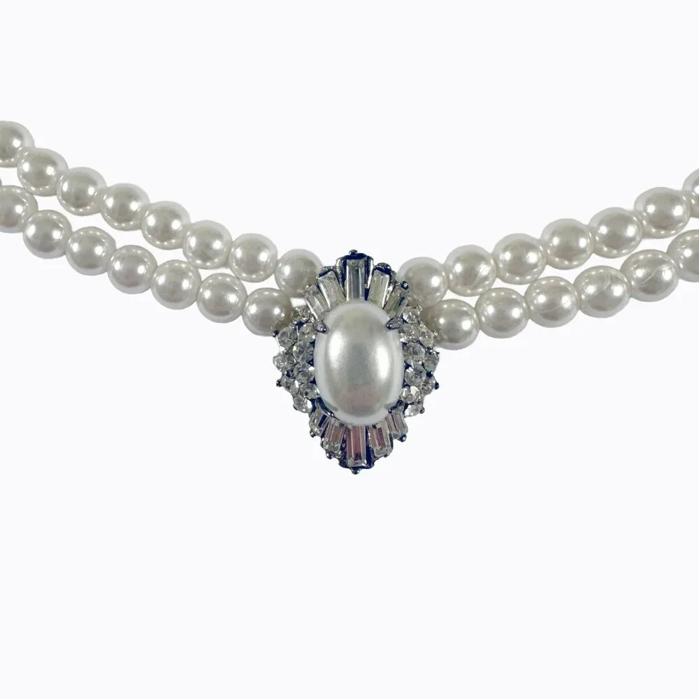 Vtg Double-Strand Pearl Necklace Choker Rhinestone Pendant Victorian Edwardian
